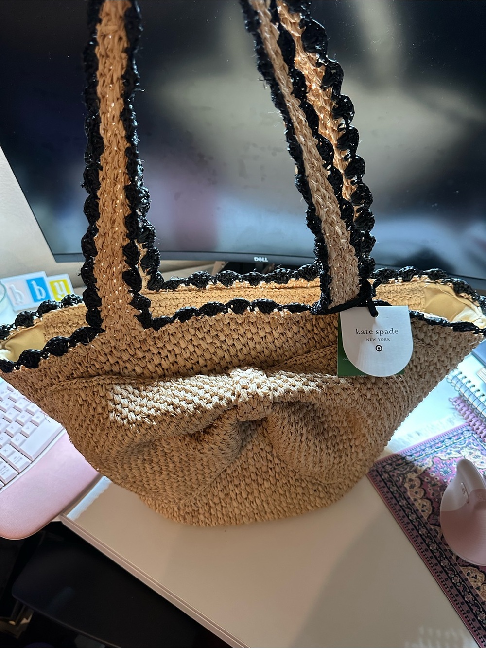 kate spade & Target -  Natural Straw Tote with Bow & Black Trim